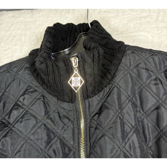Quilted Puffer Coat Women's Size Medium Black Long Knit Collar Dennis Basso - Picture 2 of 12